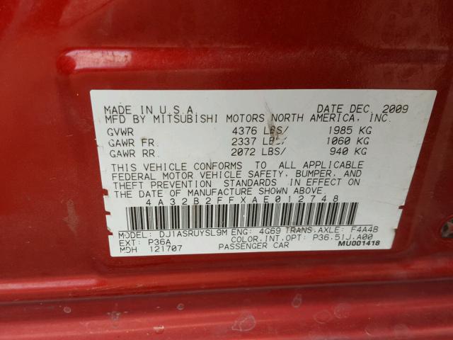 4A32B2FFXAE012748 - 2010 MITSUBISHI GALANT FE RED photo 10