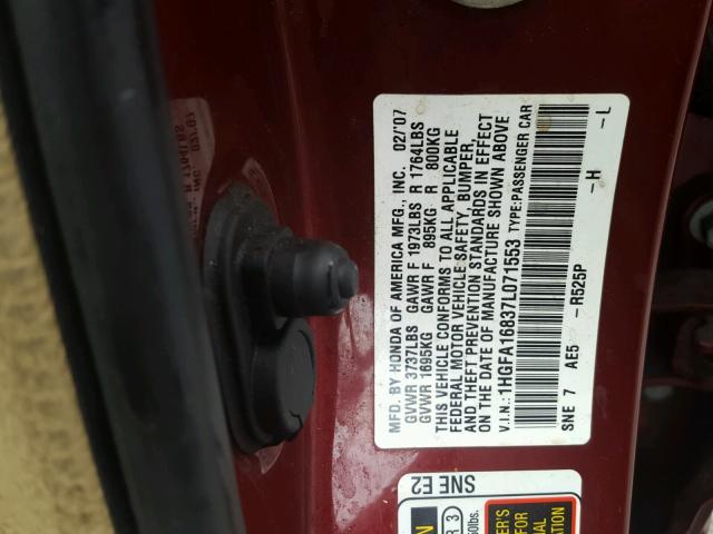 1HGFA16837L071553 - 2007 HONDA CIVIC EX წითელი ფოტო 10