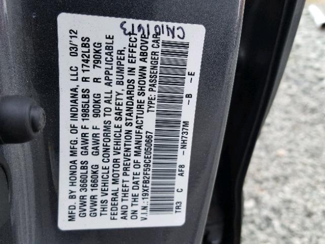 19XFB2F59CE050667 - 2012 HONDA CIVIC LX GRAY photo 10