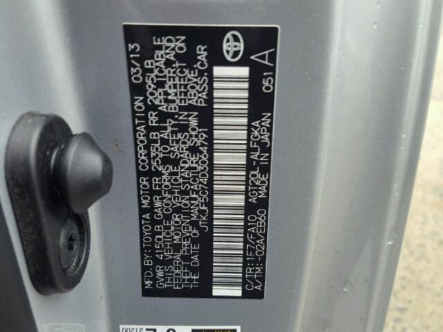 JTKJF5C74D3064791 - 2013 TOYOTA SCION TC 银色 照片 10