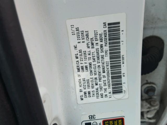 1HGCR2F8XDA247622 - 2013 HONDA ACCORD EXL WHITE photo 10