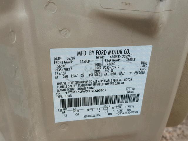 1FTRX12WX7KD20967 - 2007 FORD F150 TAN photo 10