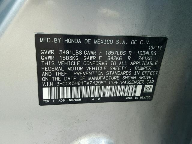 3HGGK5H81FM742981 - 2015 HONDA FIT EX GRAY photo 10