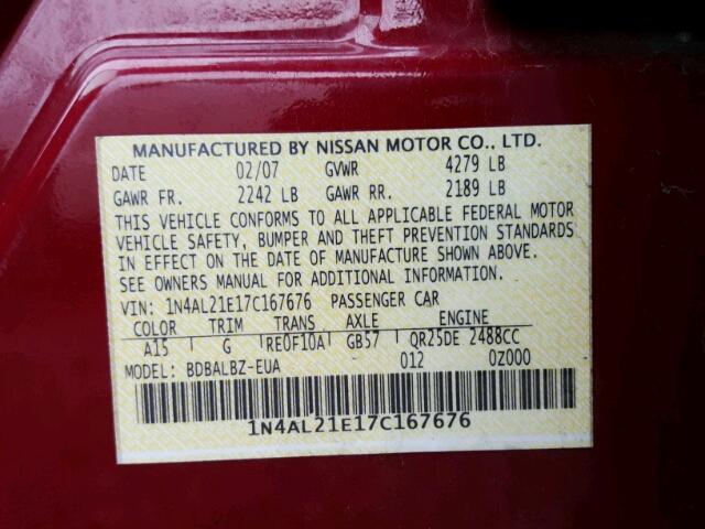 1N4AL21E17C167676 - 2007 NISSAN ALTIMA 2.5 RED photo 10