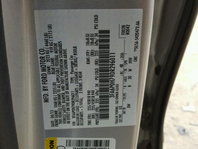 3FA6P0H79DR296011 - 2013 FORD FUSION SE SILVER photo 10