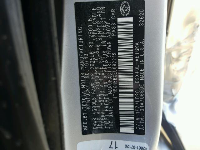 4T1BK1EBXEU082219 - 2014 TOYOTA AVALON BAS 银色 照片 10