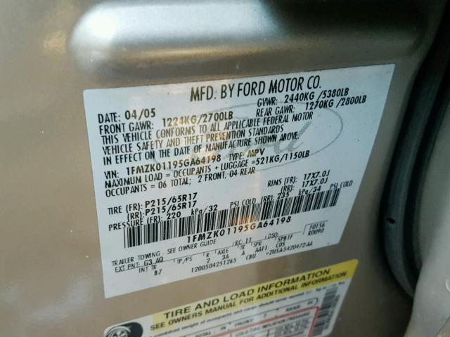 1FMZK01195GA64198 - 2005 FORD FREESTYLE TAN photo 10