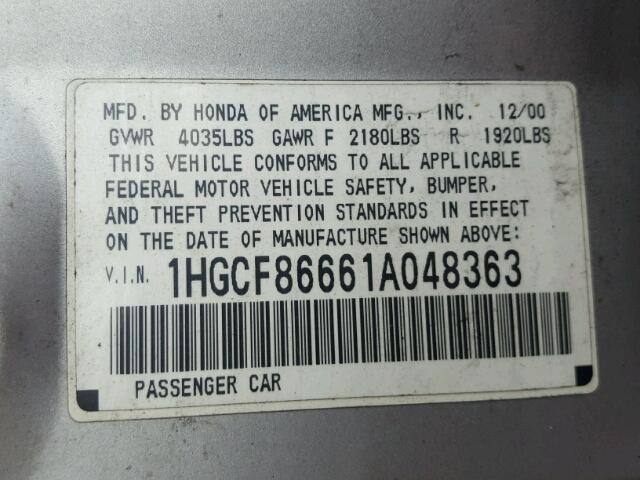 1HGCF86661A048363 - 2001 HONDA ACCORD VAL SILVER photo 10