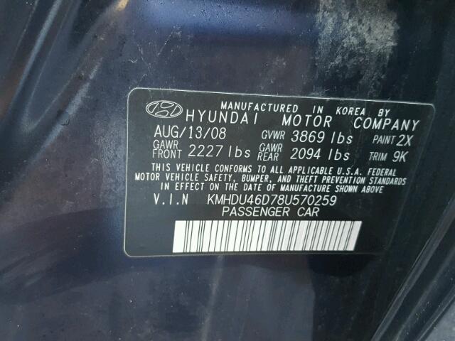 KMHDU46D78U570259 - 2008 HYUNDAI ELANTRA GL BLUE photo 10