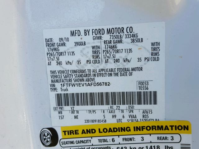 1FTFW1EV1AFD56782 - 2010 FORD F150 SUPER WHITE photo 10