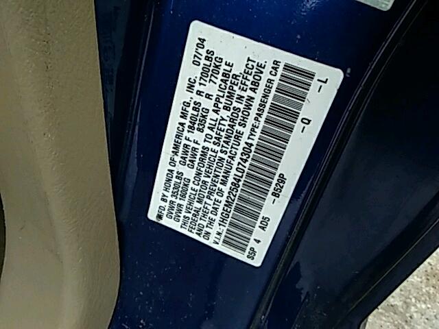 1HGEM22584L074304 - 2004 HONDA CIVIC LX BLUE photo 10