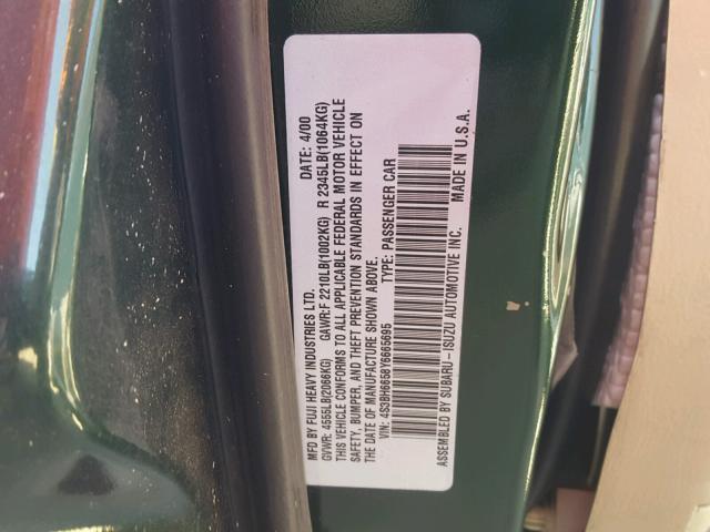 4S3BH6658Y6665695 - 2000 SUBARU LEGACY OUT GREEN photo 10