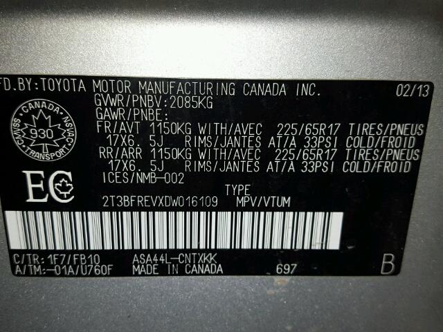 2T3BFREVXDW016109 - 2013 TOYOTA RAV4 LE SILVER photo 10