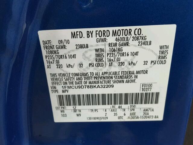 1FMCU9D78BKA32209 - 2011 FORD ESCAPE XLT BLUE photo 10