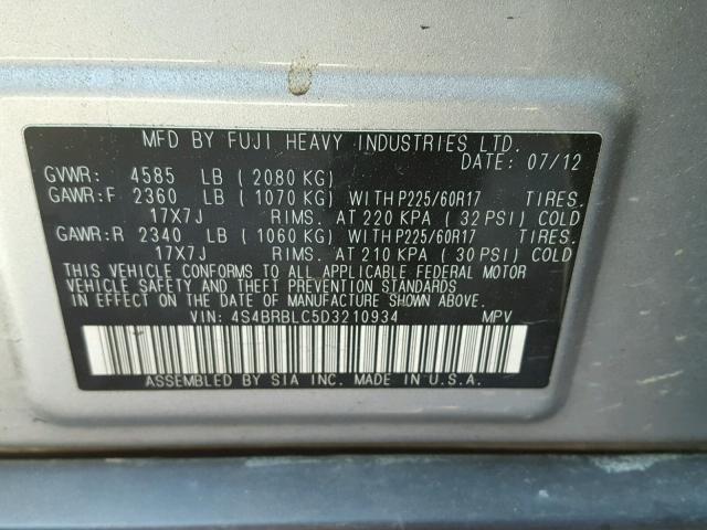 4S4BRBLC5D3210934 - 2013 SUBARU OUTBACK 2. SILVER photo 10