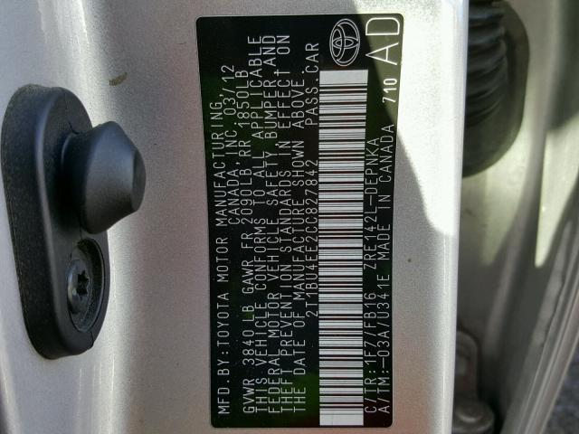 2T1BU4EE2CC827842 - 2012 TOYOTA COROLLA BA SILVER photo 10