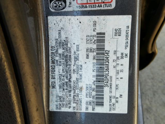 3FADP0L36AR304542 - 2010 FORD FUSION HYB SILVER photo 10