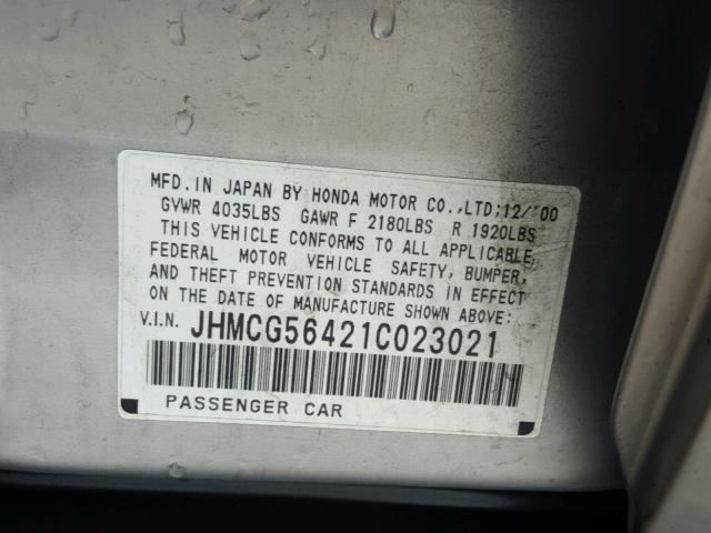 JHMCG56421C023021 - 2001 HONDA ACCORD LX SILVER photo 10