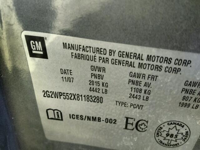 2G2WP552X81183280 - 2008 PONTIAC GRAND PRIX GRAY photo 10