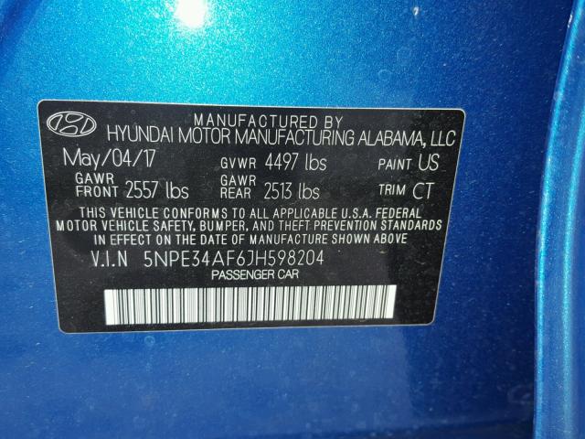 5NPE34AF6JH598204 - 2018 HYUNDAI SONATA SPO BLUE photo 10