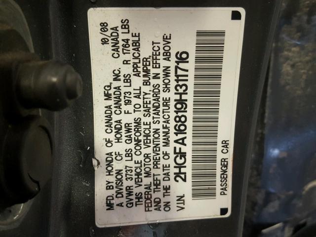 2HGFA16819H311716 - 2009 HONDA CIVIC EX GRAY photo 10