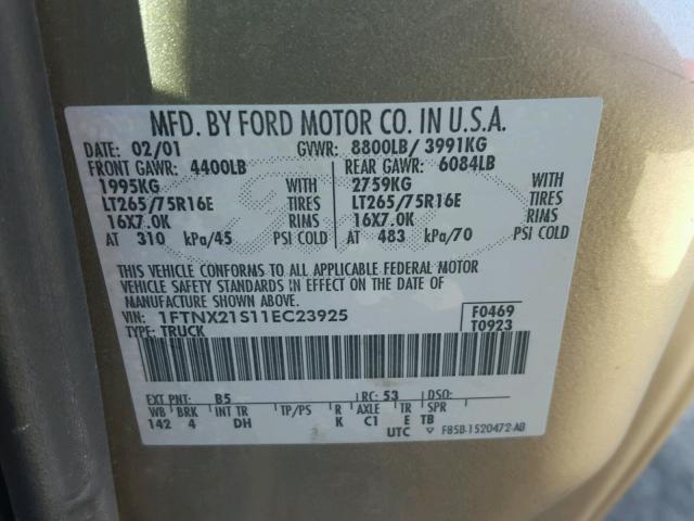 1FTNX21S11EC23925 - 2001 FORD F250 SUPER GOLD photo 10