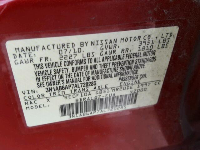 3N1AB6AP7AL720285 - 2010 NISSAN SENTRA 2.0 RED photo 10