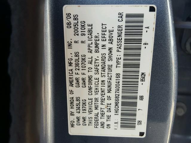 1HGCM66827A004168 - 2007 HONDA ACCORD EX BLUE photo 10