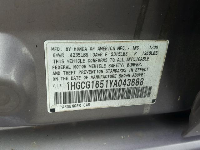 1HGCG1651YA043688 - 2000 HONDA ACCORD EX SILVER photo 10