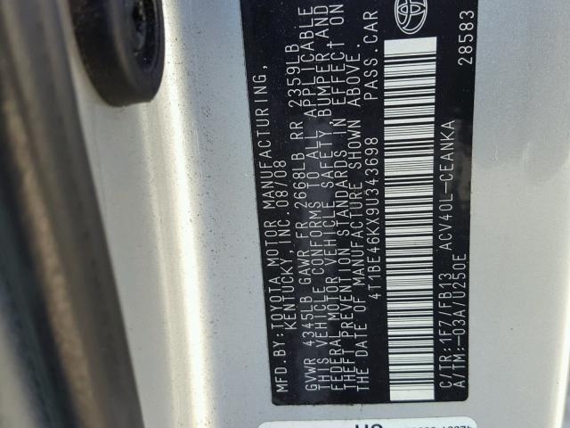 4T1BE46KX9U343698 - 2009 TOYOTA CAMRY BASE SILVER photo 10