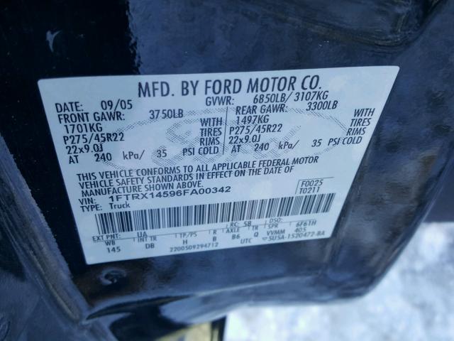 1FTRX14596FA00342 - 2006 FORD F150 BLACK photo 10