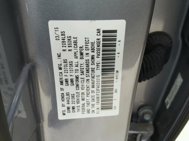 19UUB1F32FA020015 - 2015 ACURA TLX SILVER photo 10