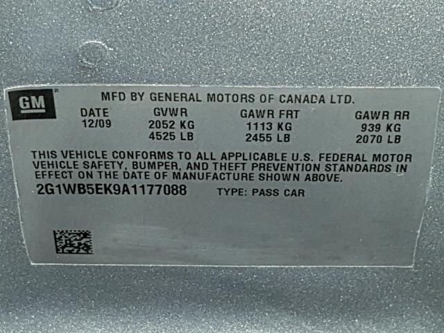 2G1WB5EK9A1177088 - 2010 CHEVROLET IMPALA LT SILVER photo 10