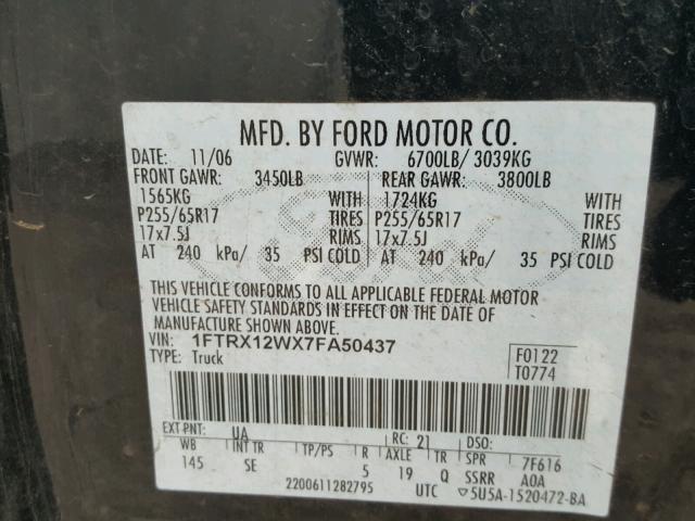 1FTRX12WX7FA50437 - 2007 FORD F150 BLACK photo 10