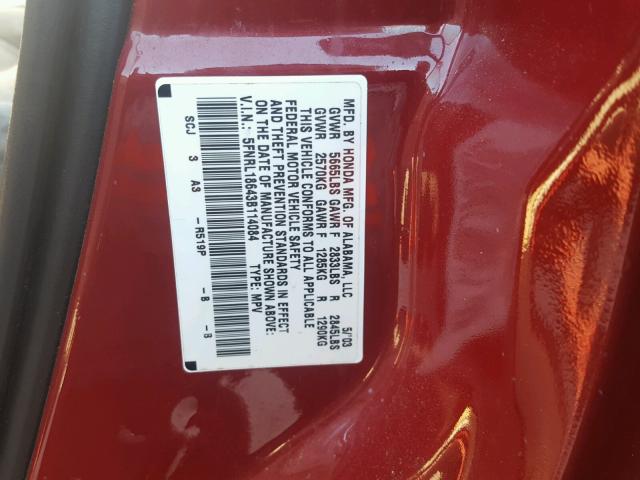 5FNRL18643B114084 - 2003 HONDA ODYSSEY EX RED photo 10