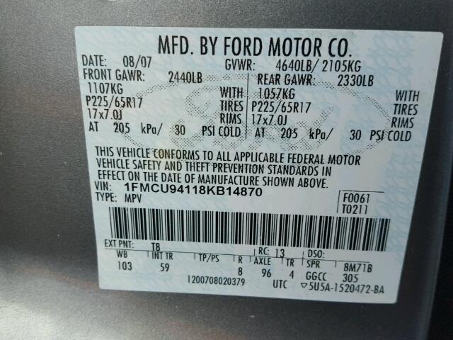 1FMCU94118KB14870 - 2008 FORD ESCAPE LIM GRAY photo 10