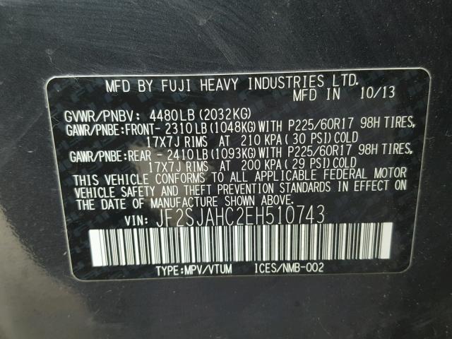 JF2SJAHC2EH510743 - 2014 SUBARU FORESTER 2 GRAY photo 10