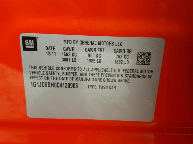 1G1JC6SH0C4130903 - 2012 CHEVROLET SONIC LT ORANGE photo 10