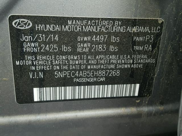 5NPEC4AB5EH887268 - 2014 HYUNDAI SONATA SE CHARCOAL photo 10