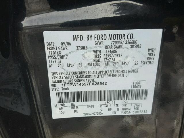 1FTPW14557FA25542 - 2007 FORD F150 SUPER BLACK photo 10