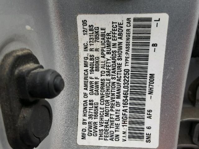 1HGFA16546L032250 - 2006 HONDA CIVIC LX SILVER photo 10