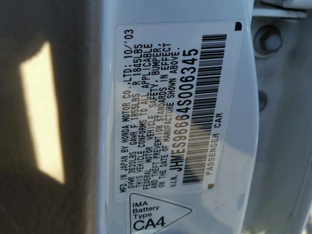 JHMES96664S006345 - 2004 HONDA CIVIC HYBR WHITE photo 10