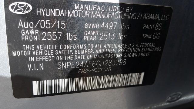 5NPE24AF6GH283298 - 2016 HYUNDAI SONATA SE SILVER photo 10