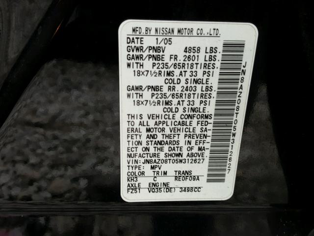 JN8AZ08T05W312627 - 2005 NISSAN MURANO SL BLACK photo 10