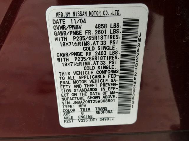 JN8AZ08T25W308501 - 2005 NISSAN MURANO SL MAROON photo 10