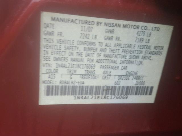 1N4AL21E18C176069 - 2008 NISSAN ALTIMA 2.5 RED photo 10