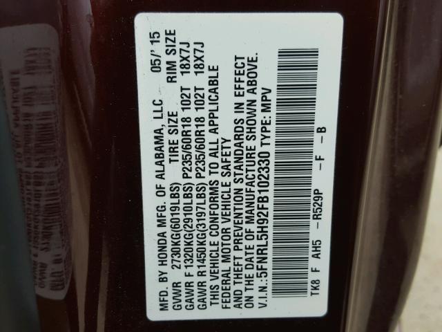 5FNRL5H92FB102330 - 2015 HONDA ODYSSEY TO RED photo 10