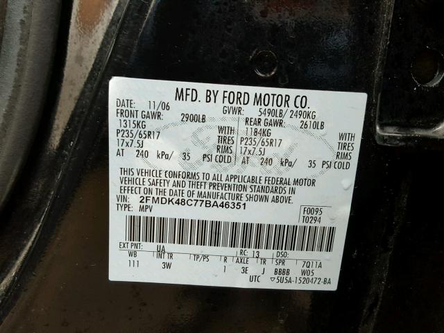 2FMDK48C77BA46351 - 2007 FORD EDGE SEL BLACK photo 10