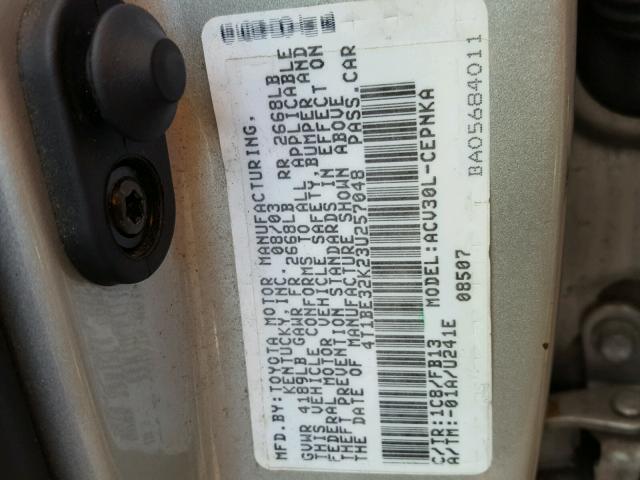 4T1BE32K23U257048 - 2003 TOYOTA CAMRY LE SILVER photo 10