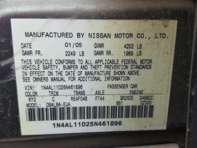 1N4AL11D25N461896 - 2005 NISSAN ALTIMA S GRAY photo 10